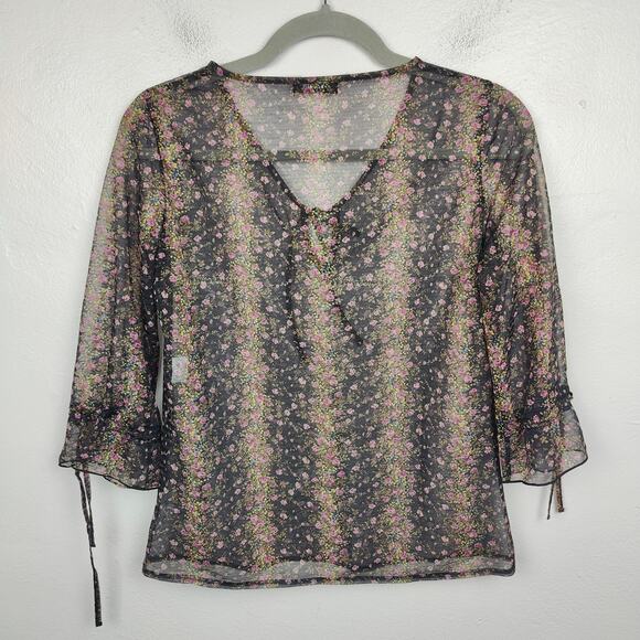 Mosaique Sheer Top Womens Large Black Floral Keyhole Japanese Designer Preppy - Picture 5 of 9